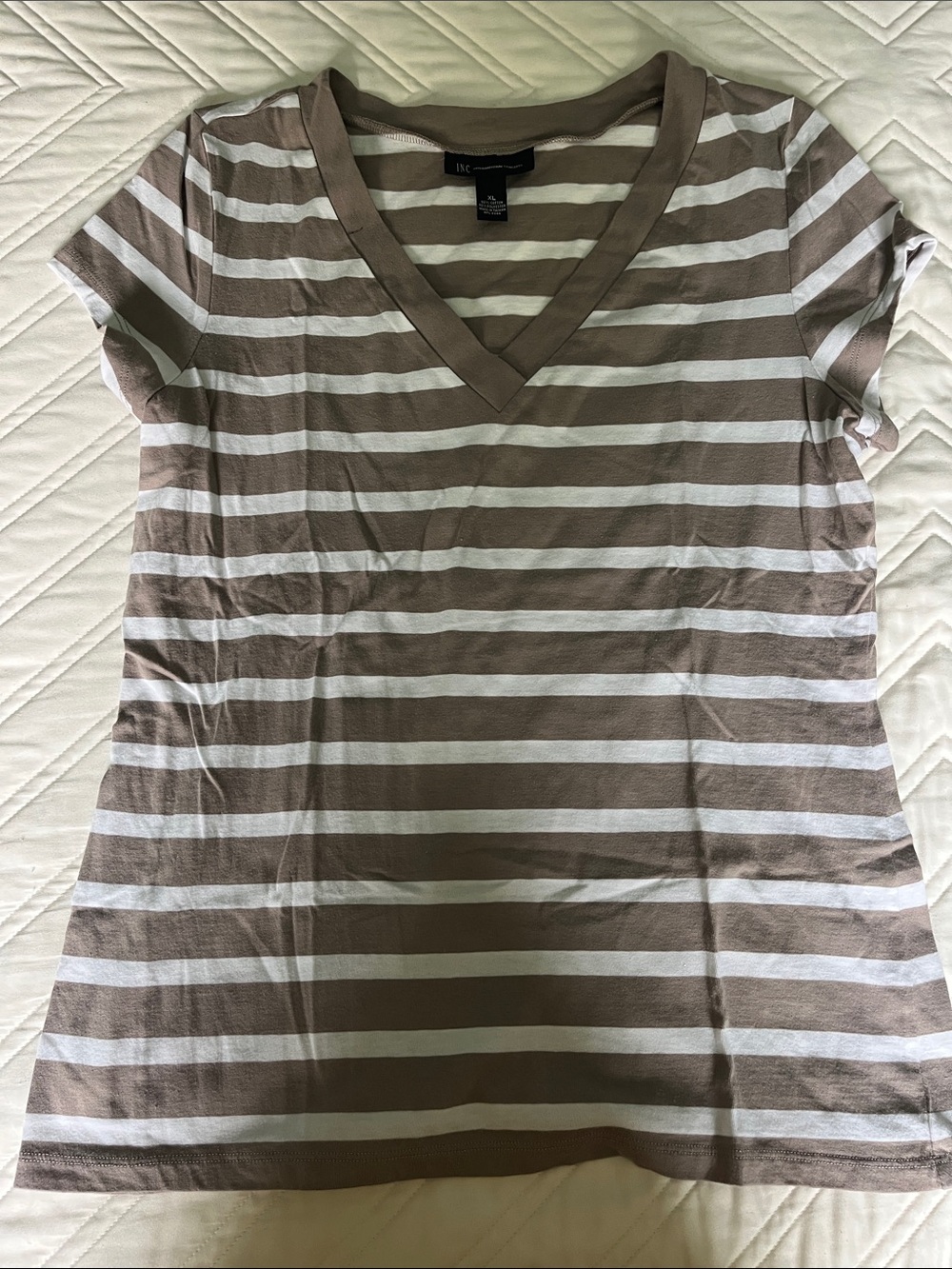 INC International Concepts Brown & White Striped V-Neck Tee